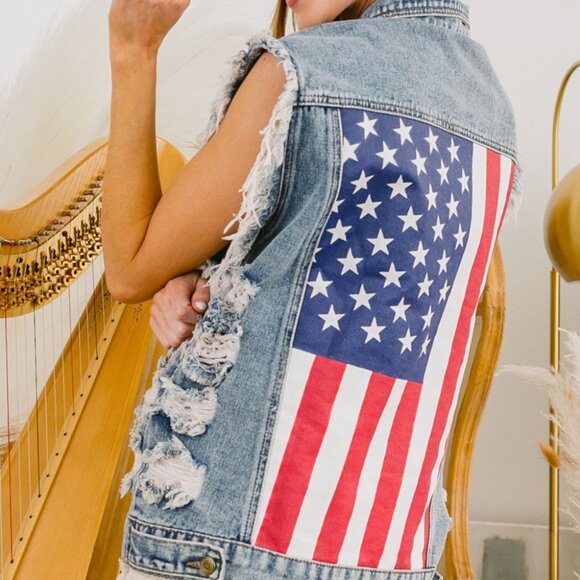 Bibi Distressed Raw Hem US Flag Sleeveless Denim Jacket July 4th IndependanceDay - Picture 1 of 7